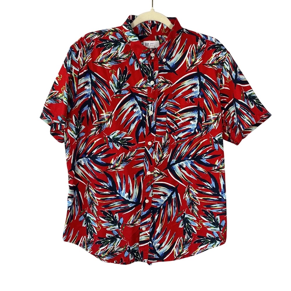 Gap Mens Red Tropical Leaf Print Short Sleeve Button Down Shirt Large Standard